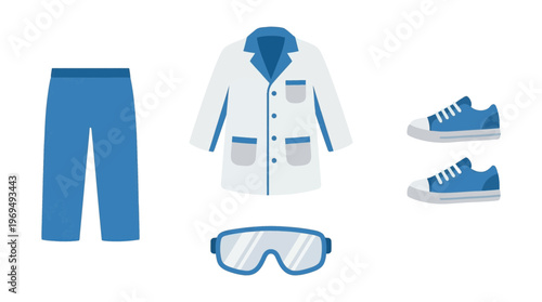 Set of protective clothing for laboratory work, including pants, lab coat, goggles, and sneakers.