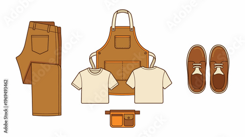 Flat lay illustration of a barista uniform including jeans, t-shirts, apron, and shoes.