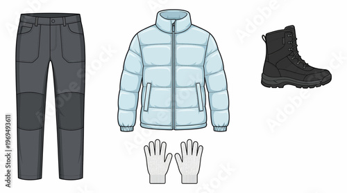 Winter clothing set including pants, puffer jacket, gloves, and boots for cold weather protection.