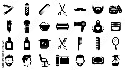 Barber Shop Tools and Icons Collection for Hair Styling and Grooming Services
