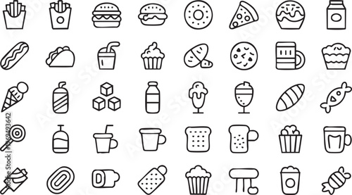 Restaurant and fast food icon bundle with snack and beverage symbols