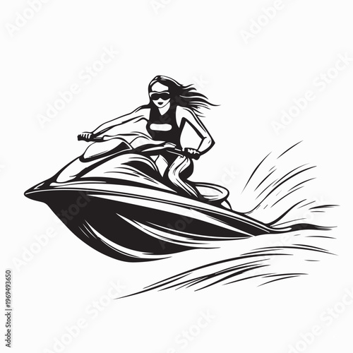 Woman Riding Jetski At High Speed On Ocean Waves Vector Illustration