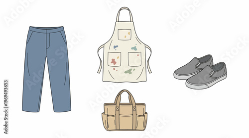 Collection of clothing and accessories including jeans, an apron, a duffel bag, and slip-on shoes.