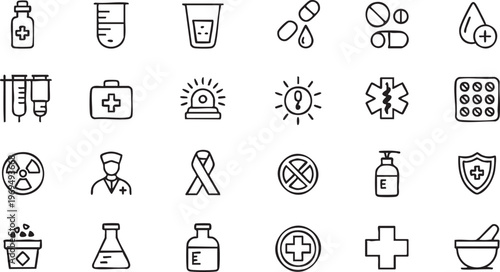 Medical healthcare icon collection with hospital pharmacy and emergency symbols