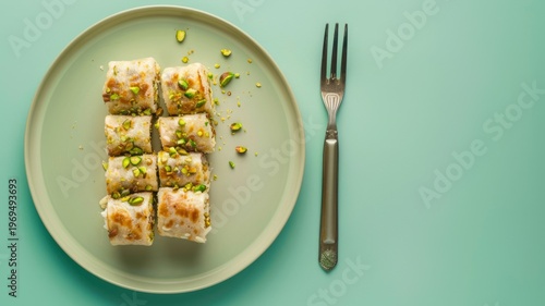 Top view of freshly prepared middle eastern pistachio baklava rolls arranged neatly on a minimalist sage green plate with a vintage silver fork beside it