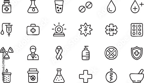 Medical outline icon pack with hospital equipment and healthcare symbols