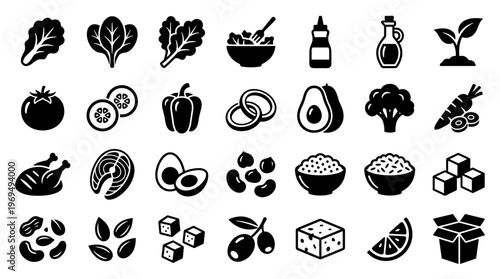 Healthy Food Ingredients Icons Set for Balanced Diet and Nutrition Concepts