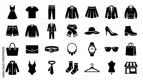 Collection of Clothing and Accessories Icons Representing Fashion and Style