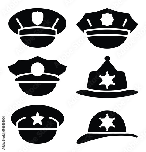 Collection of Six Black Silhouette Police and Sheriff Hats