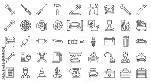 Collection of Hand-Drawn Automotive Repair and Service Icons.