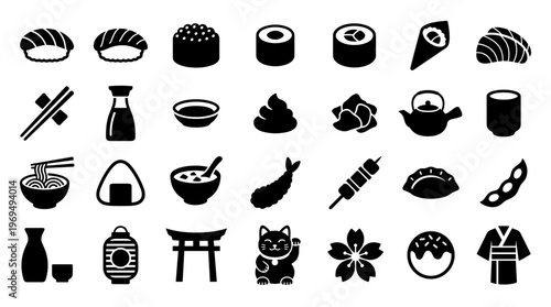 Japanese Food Icons Set Sushi Ramen Tea Traditional Culture Symbols