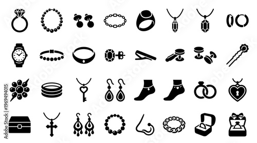Collection of Jewelry Icons and Symbols Representing Accessories and Adornments