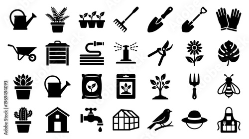 Gardening Tools and Supplies Collection Icons Set Vector Illustration
