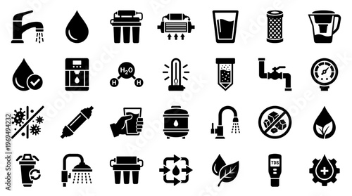 Water purification icons set clean water technology symbols for healthy living and environmental protection