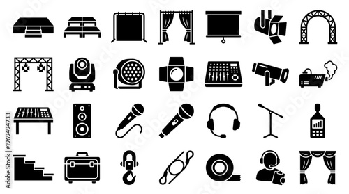 Stage Equipment Icons Set Performance Gear and Event Production Technology Symbols