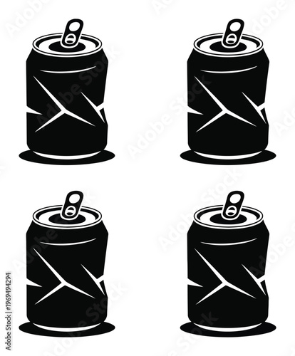 Four Black Silhouettes of Crushed Soda Cans on White Background