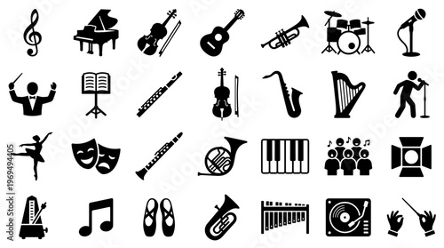 Collection of musical instruments and performance icons representing symphony orchestra and music education