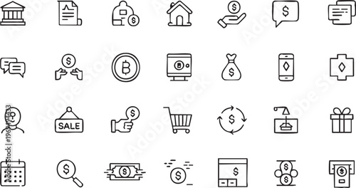 Business and finance line icon set featuring money transaction and shopping elements