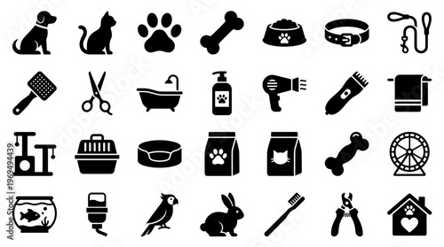Collection of Pet Care Icons and Supplies for Animals
