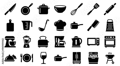 Collection of kitchen utensils and appliances icons for cooking and food preparation