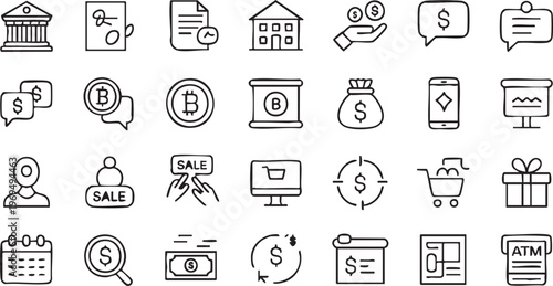 Finance and banking icon collection with money transaction and ecommerce symbols