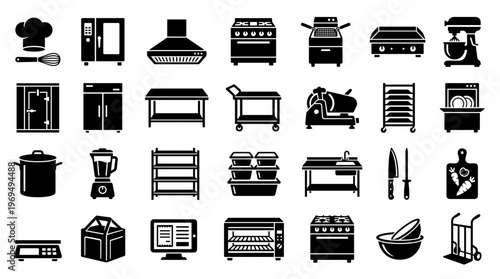 Commercial Kitchen Equipment Icons Set Restaurant Food Service Appliances and Utensils Collection