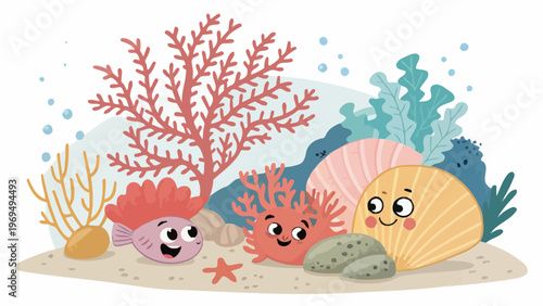 Colorful cartoon coral shells and sea plants with smiling faces on ocean floor surrounded by sand and bubbles