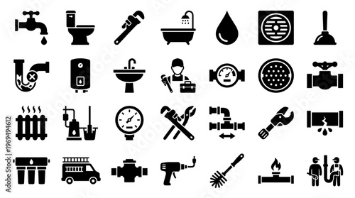 Plumbing Tools and Equipment Icons Set for Repair and Maintenance Services