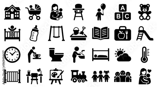 Collection of Kindergarten and Childcare Icons Representing Daily Activities and Essentials for Young Children