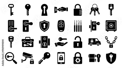 Security Icons Collection Featuring Keys Locks Safe and Surveillance Technology Concepts
