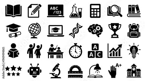 Collection of Education and Learning Icons Representing Knowledge Discovery and Academic Achievement