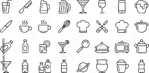 Beverage outline icons for UI design with drinks coffee and bar elements