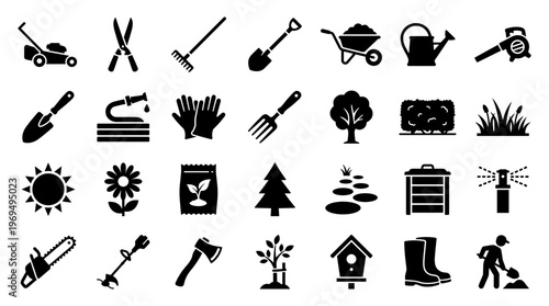 Gardening Tools and Supplies Icons Set for Outdoor and Home Garden Maintenance and Landscaping
