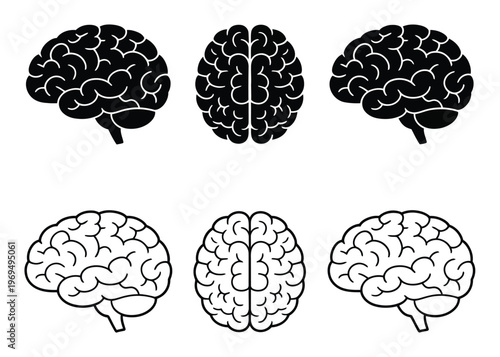 Stylized Brain Side, and Angled Views in Black and White
