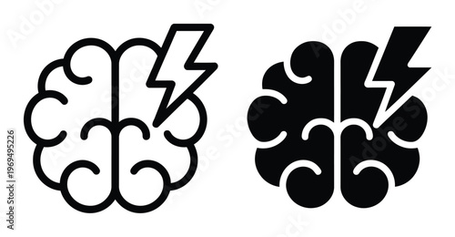 Two stylized brain with a lightning bolt, one outlined and one solid black