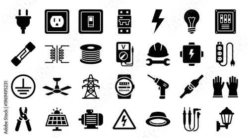 Collection of electrical symbols and tools representing energy power industry and technology concepts