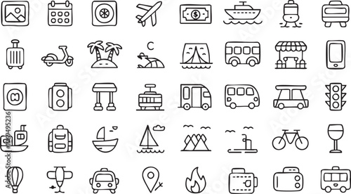 Travel and tourism icon pack with navigation vehicles and adventure symbols