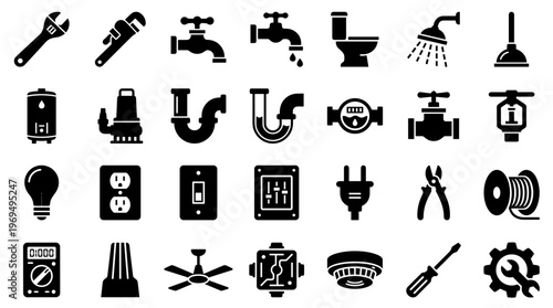 Collection of plumbing and electrical tools and equipment icons for home repair and maintenance services