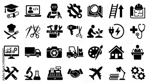 Diverse professional icons representing various industries and careers in a clean black and white graphic design