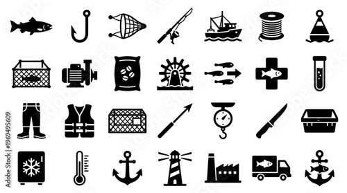 Aquaculture and Fishing Industry Icons Set Vector Illustration of Equipment and Tools for Fish Farming and Seafood Production
