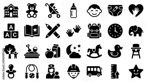 Collection of Kindergarten and Preschool Icons Representing Childhood Education and Early Learning Activities