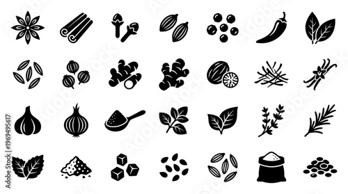 Collection of Spice and Herb Icons Representing Culinary Ingredients and Seasonings