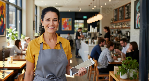 Businesswoman smiling proudly in her bustling cafe restaurant perfect for female entrepreneurship concepts