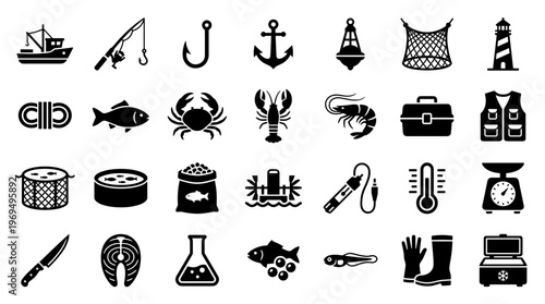 Collection of Fishing and Seafood Icons Representing Equipment Catch and Processing