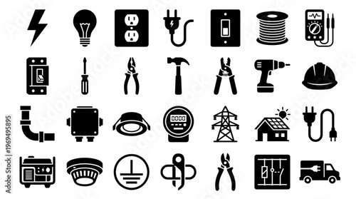 Collection of electrical tools and symbols representing power and construction industry services