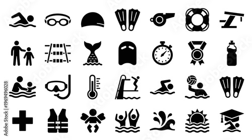 Collection of Swimming and Water Sports Icons Representing Aquatic Activities and Safety Equipment
