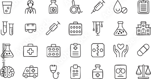 Medical and healthcare line icon set featuring doctor syringe and treatment elements
