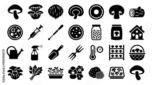 Mushroom Cultivation Icons Set Growing Fungi Farming Equipment and Supplies Collection