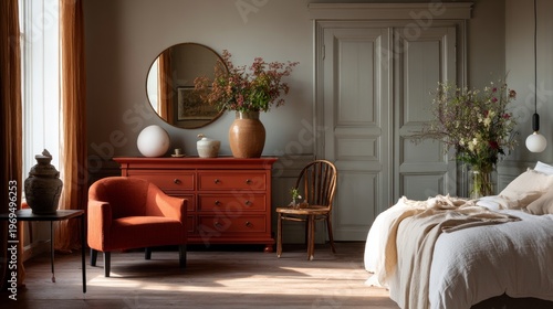 Terracotta vintage chest paired with modern bedroom decor, soft illumination and clean space expressing privacy and emotional warmth.
