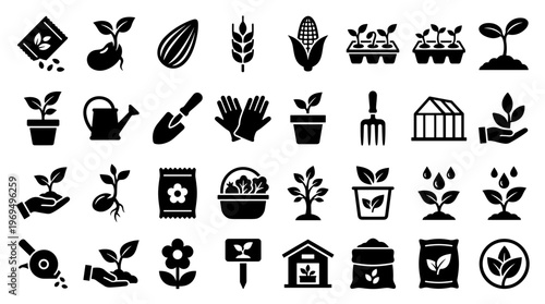 Gardening Icons Set Seedling Growth Plant Care Tools Greenhouse Agriculture Symbols Collection